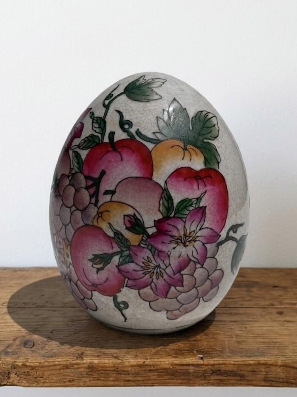 Vintage Ceramic Crackle Glaze Egg Finial Floral Fruit Hand Painted Decor 6.25"